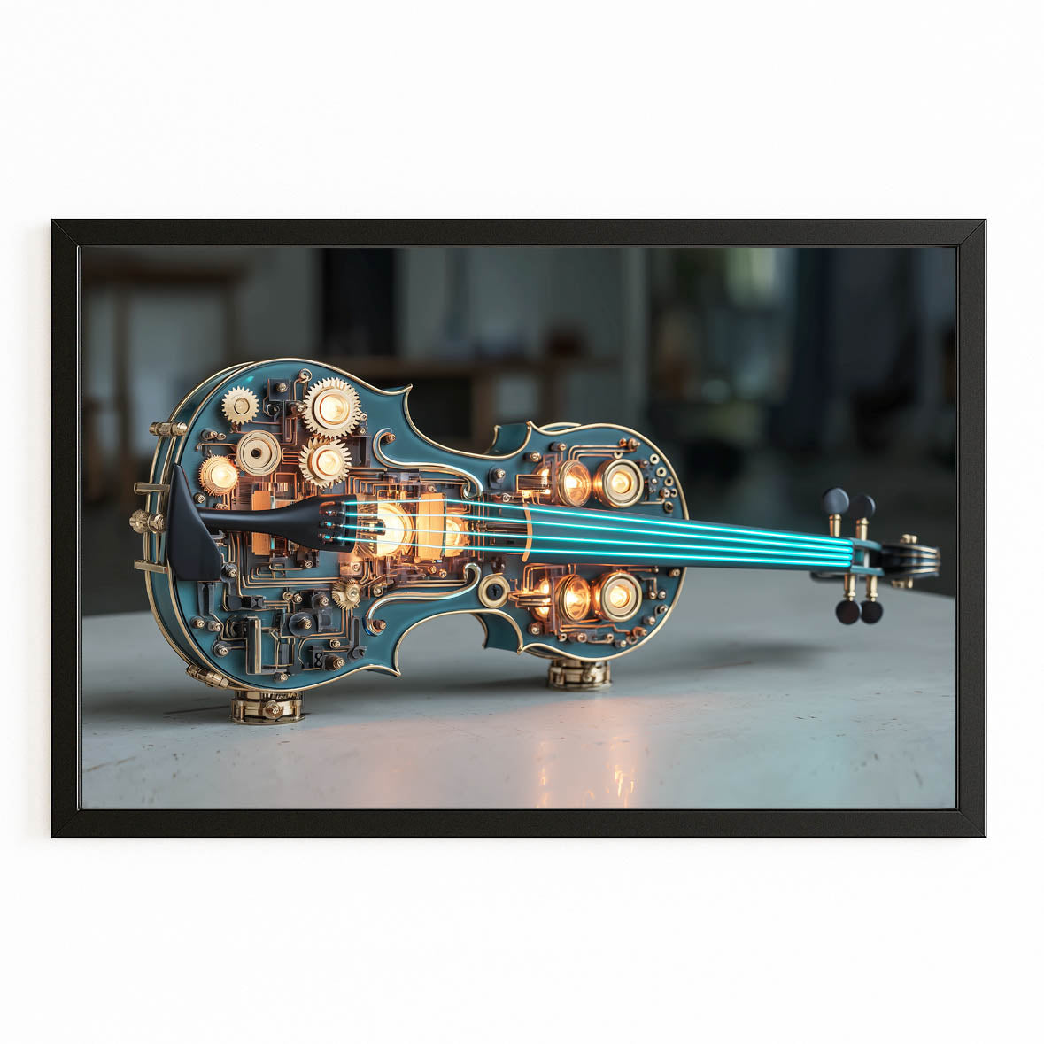 Glowing Blue Violin Steampunk Wall Decor – with Premium Black frame on white background
