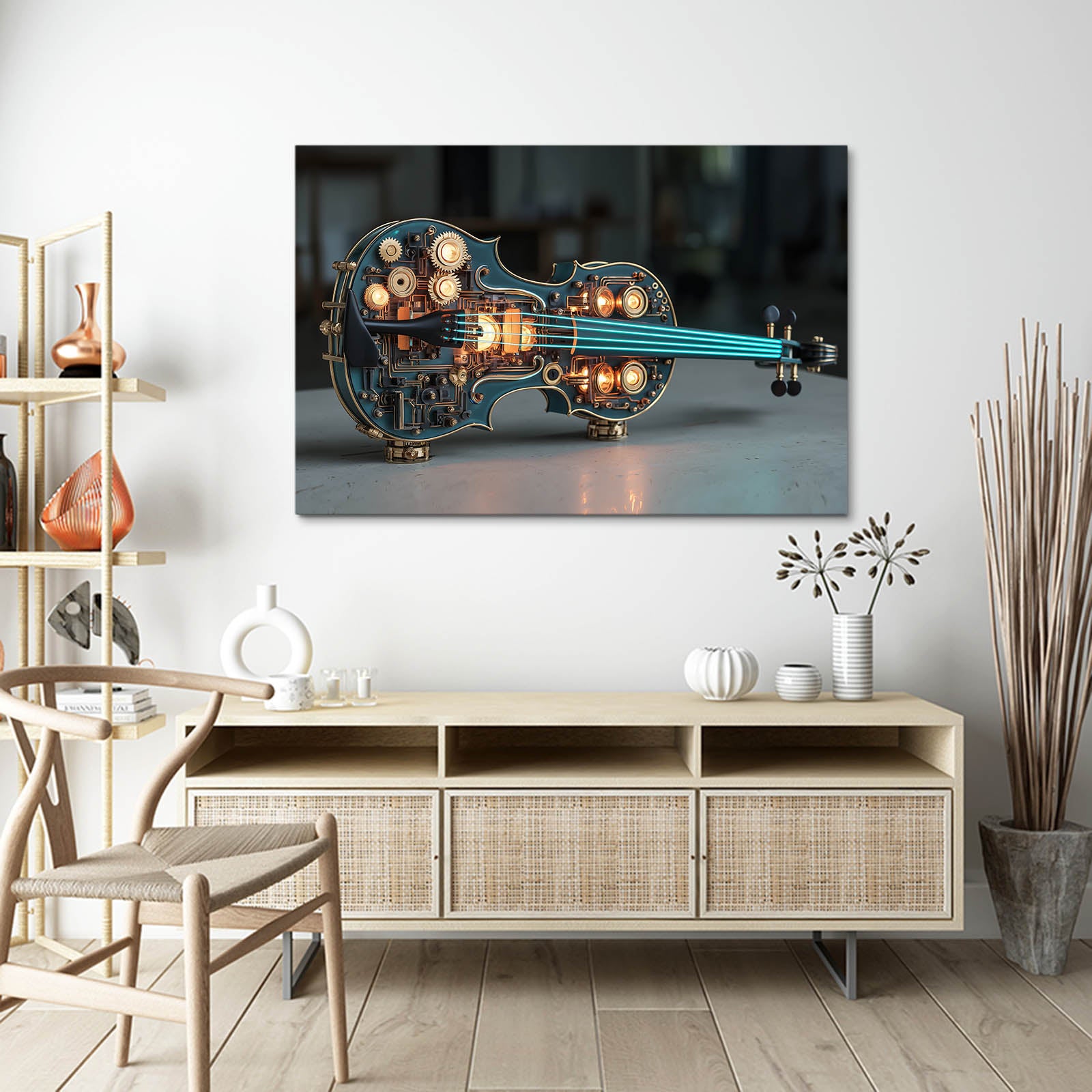 Glowing Blue Violin Steampunk Wall Decor – styled in a furnished interior