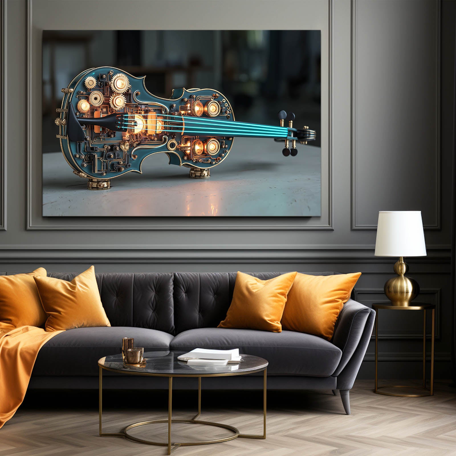 Glowing Blue Violin Steampunk Wall Decor – styled in a furnished interior