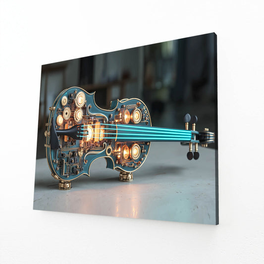 Glowing Blue Violin Steampunk Wall Decor – angled canvas view on white background