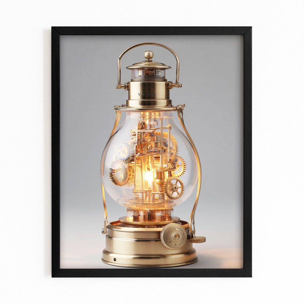 Glowing Brass Lantern Steampunk Canvas Art – with Premium Black frame on white background
