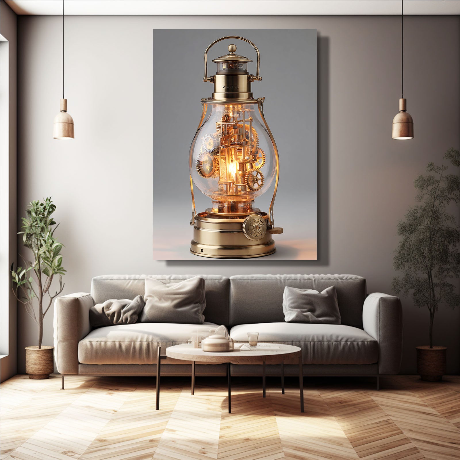 Glowing Brass Lantern Steampunk Canvas Art – styled in a furnished interior