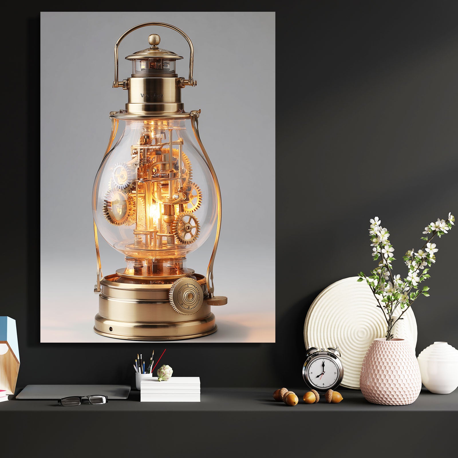 Glowing Brass Lantern Steampunk Canvas Art – styled in a furnished interior