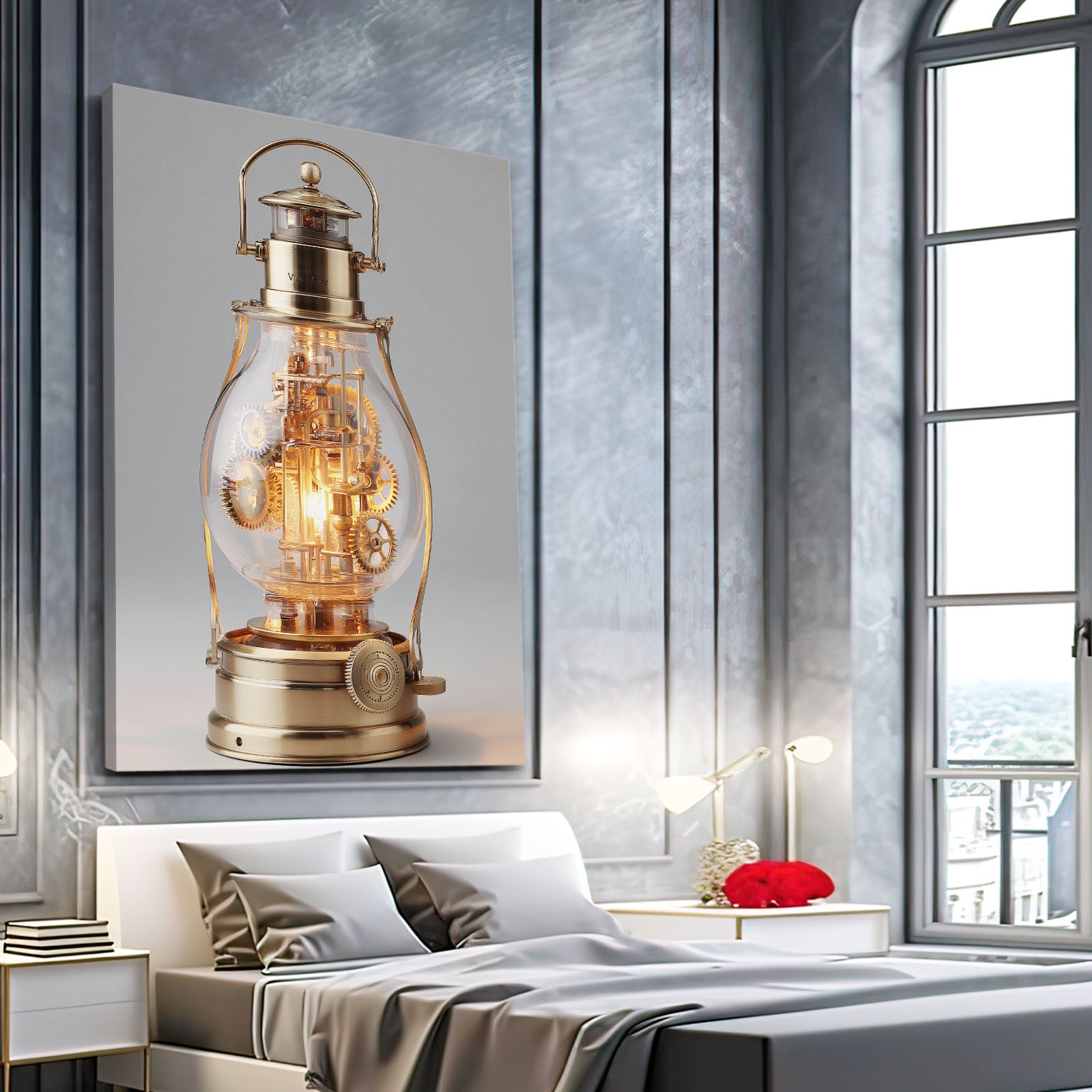 Glowing Brass Lantern Steampunk Canvas Art – styled in a furnished interior