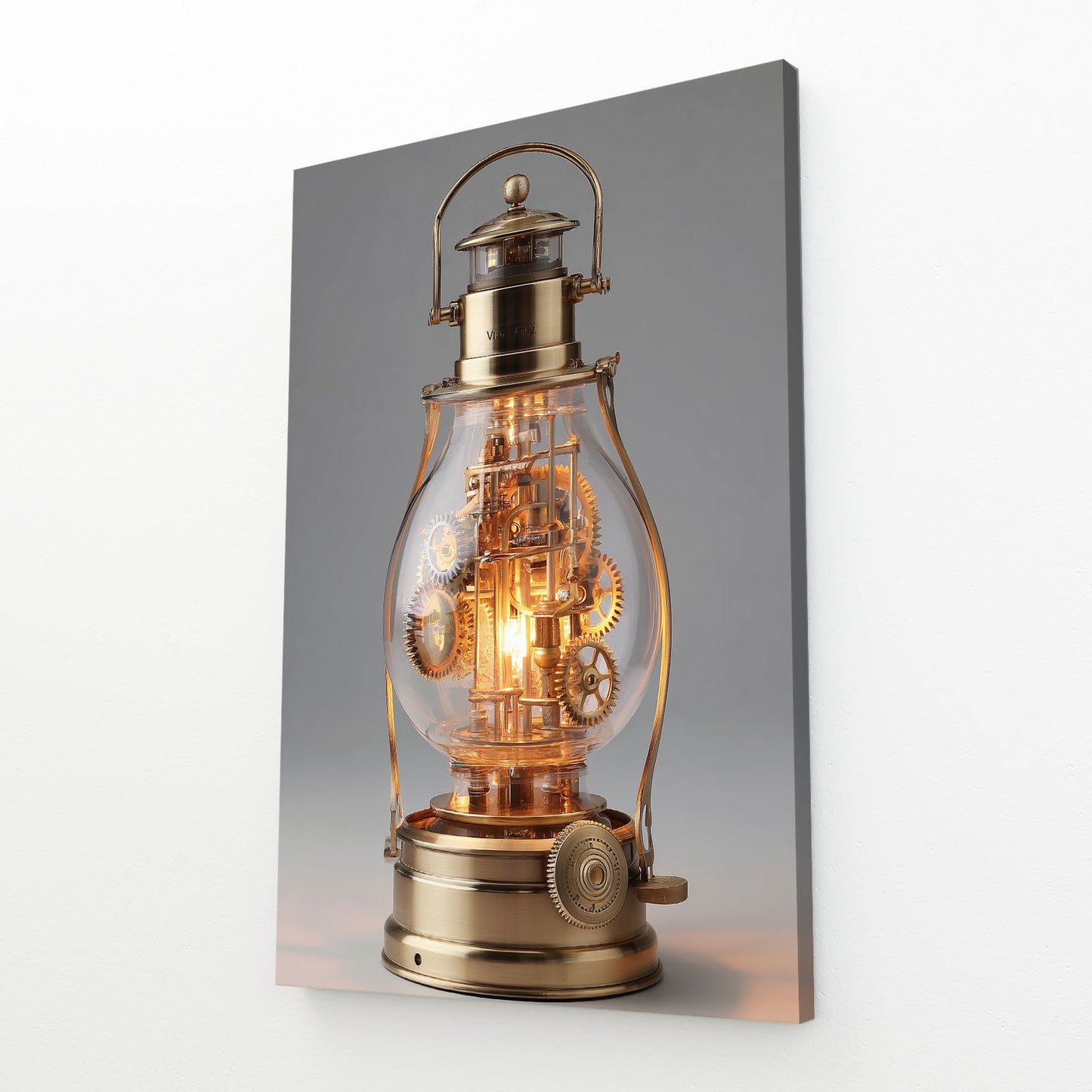 Glowing Brass Lantern Steampunk Canvas Art – angled canvas view on white background