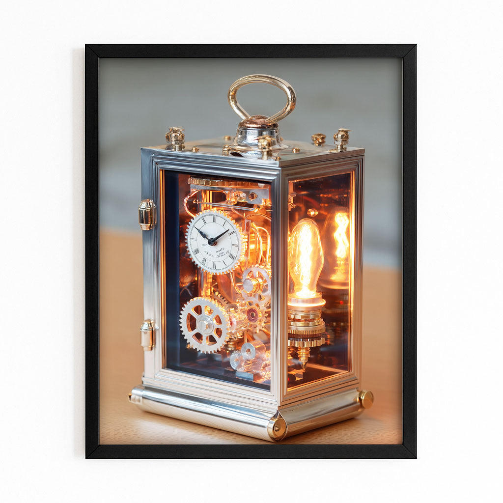 Glowing Carriage Clock Steampunk Art – with Premium Black frame on white background