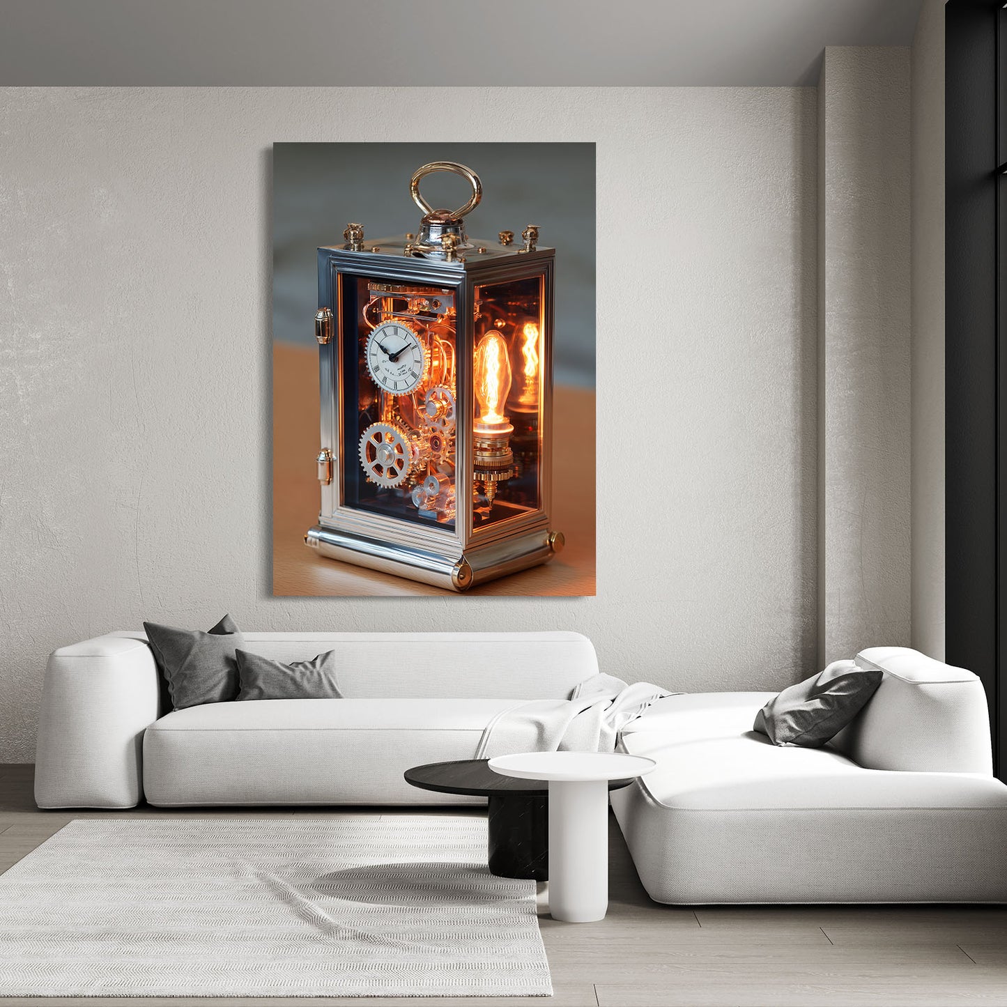 Glowing Carriage Clock Steampunk Art – styled in a furnished interior