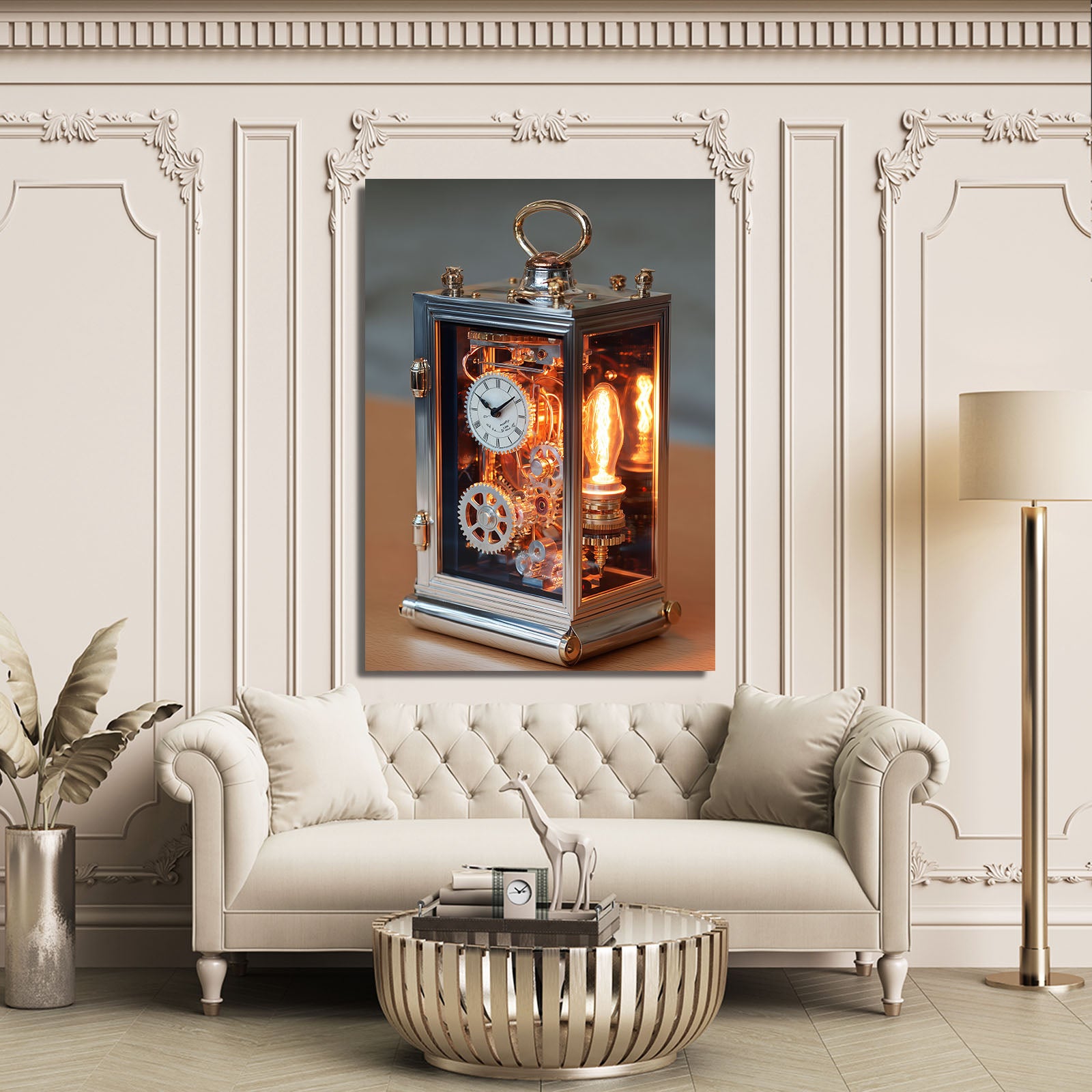 Glowing Carriage Clock Steampunk Art – styled in a furnished interior