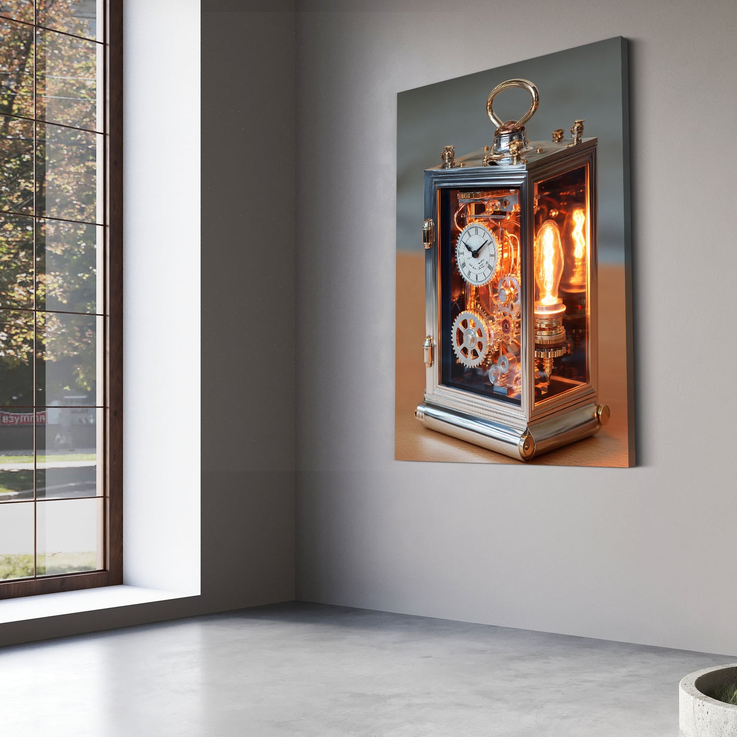 Glowing Carriage Clock Steampunk Art – styled in a furnished interior