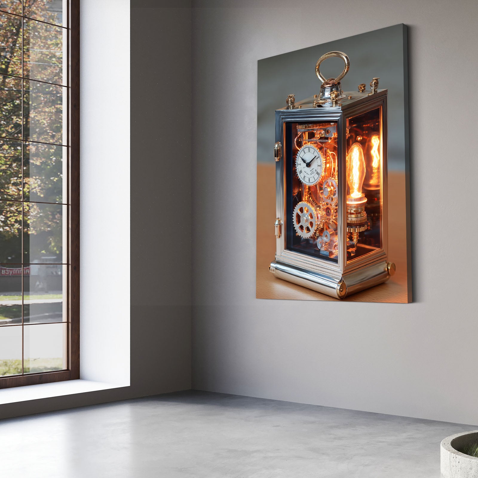 Glowing Carriage Clock Steampunk Art – styled in a furnished interior