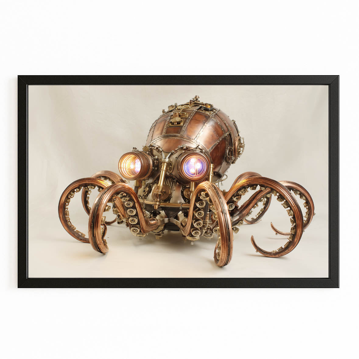Glowing Copper Octopus Steampunk Canvas – with Premium Black frame on white background
