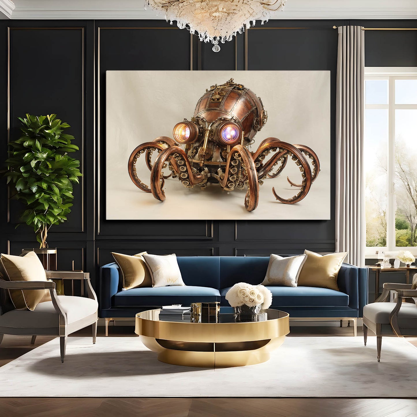 Glowing Copper Octopus Steampunk Canvas – styled in a furnished interior