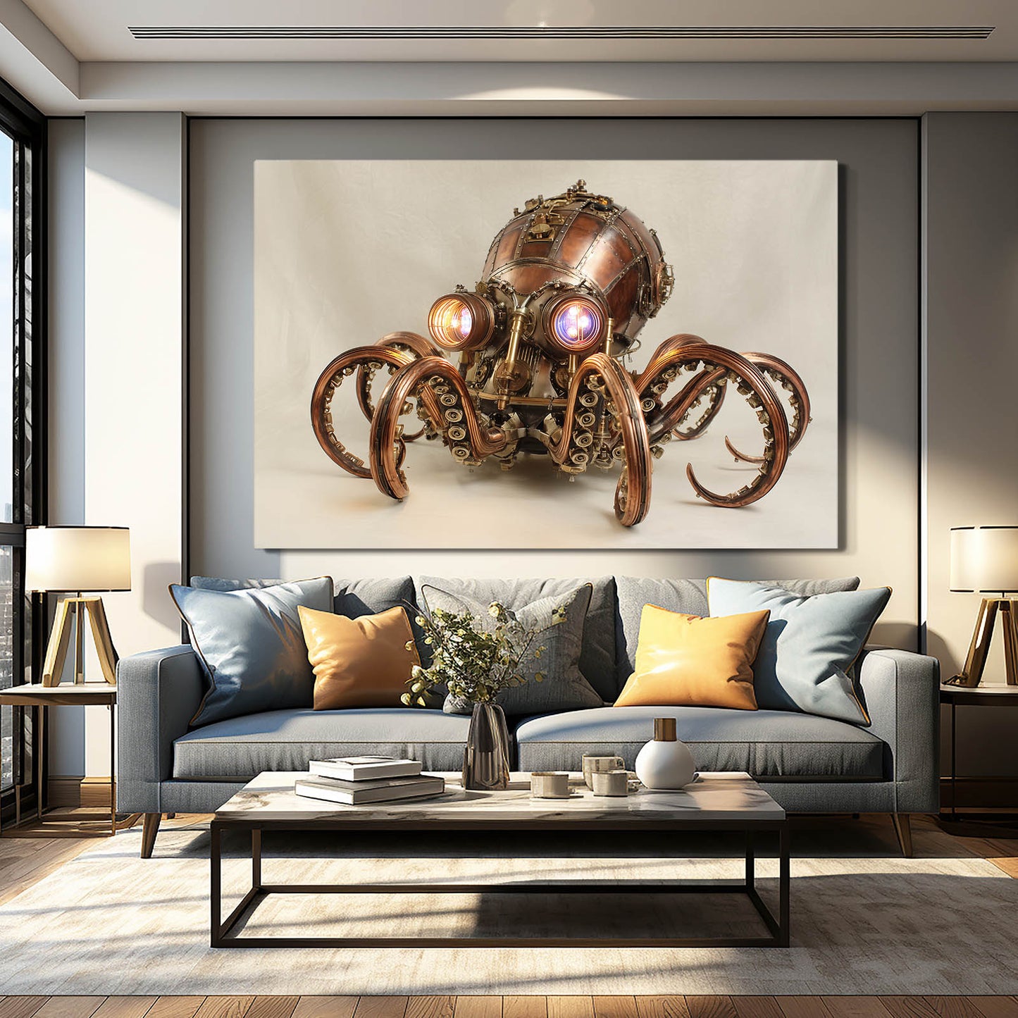 Glowing Copper Octopus Steampunk Canvas – styled in a furnished interior