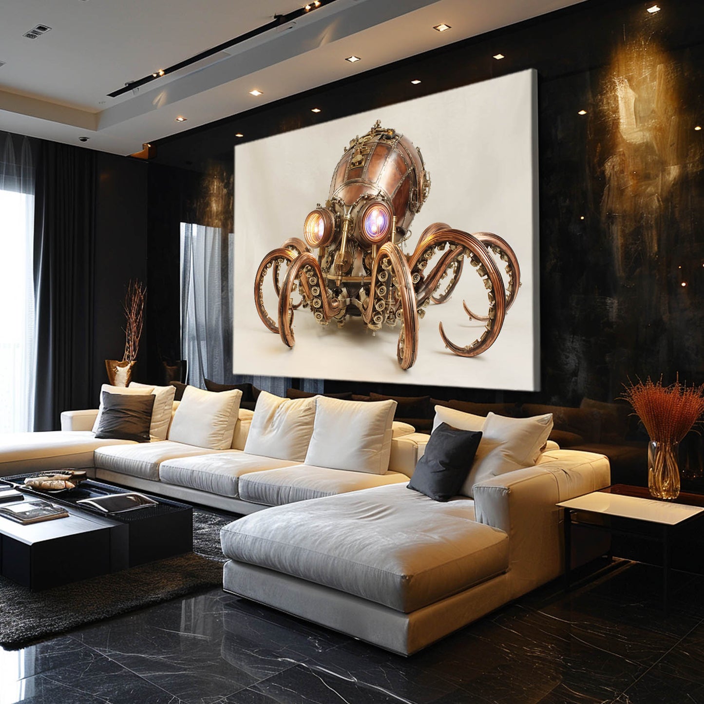 Glowing Copper Octopus Steampunk Canvas – styled in a furnished interior