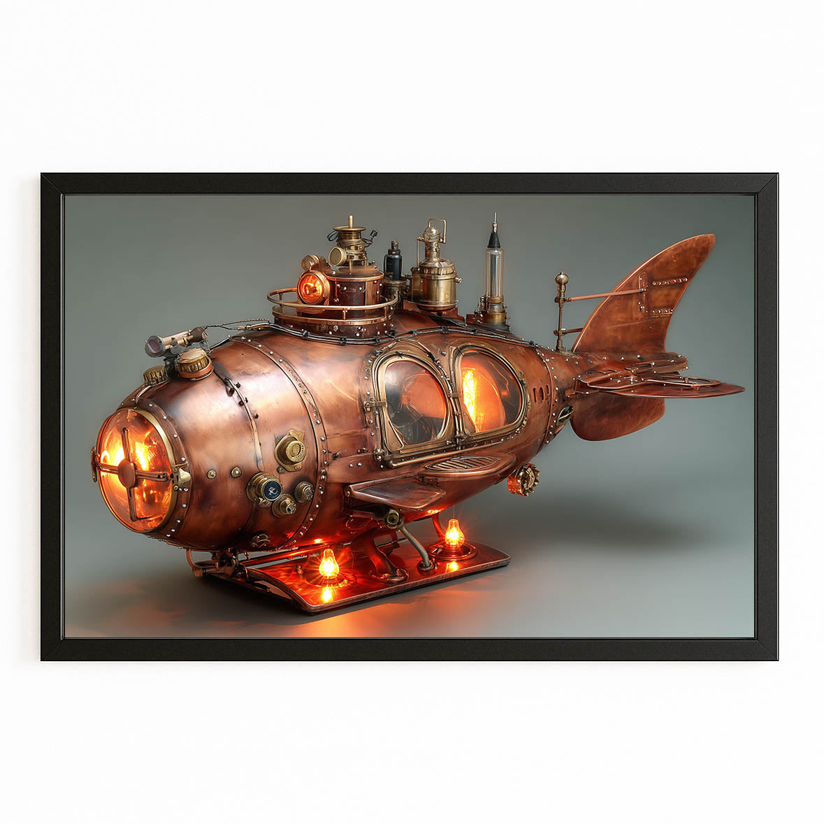 Glowing Copper Submarine Steampunk Canvas – with Premium Black frame on white background