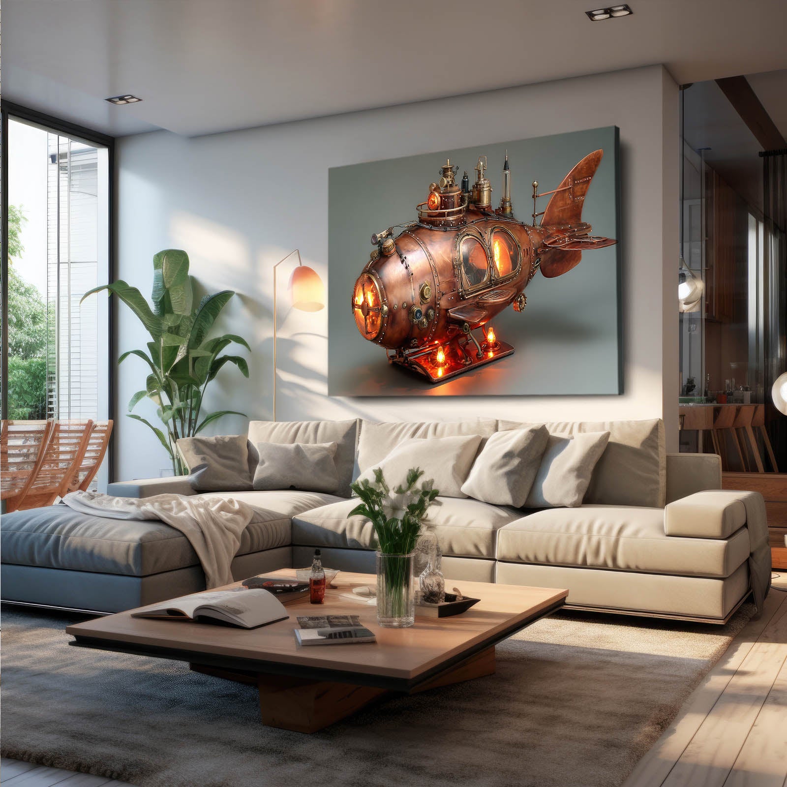Glowing Copper Submarine Steampunk Canvas – styled in a furnished interior
