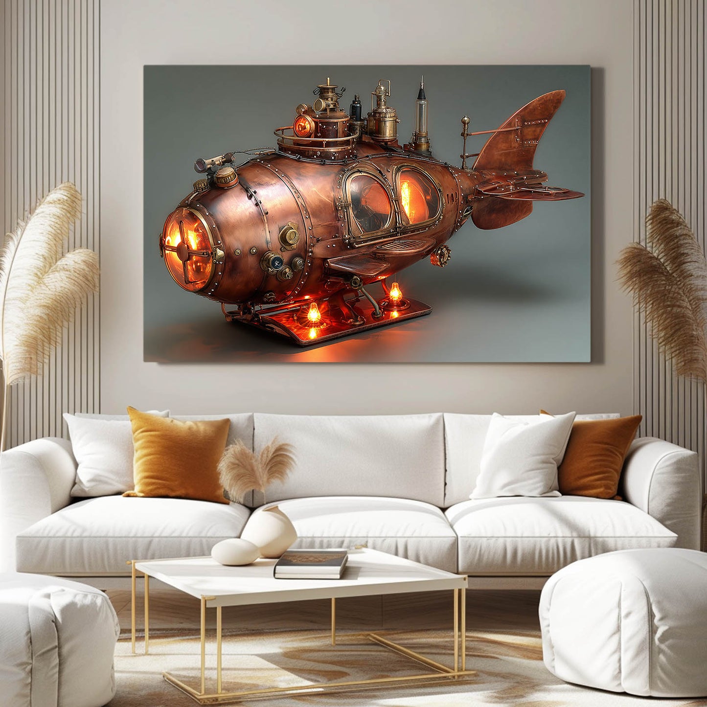 Glowing Copper Submarine Steampunk Canvas – styled in a furnished interior