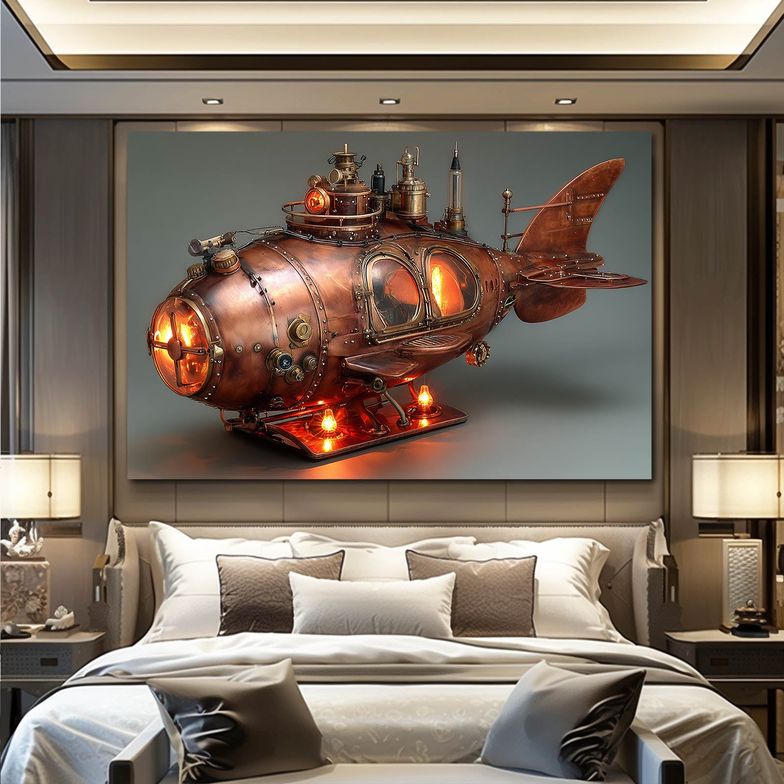 Glowing Copper Submarine Steampunk Canvas – styled in a furnished interior