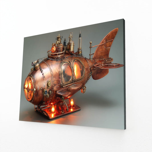 Glowing Copper Submarine Steampunk Canvas – angled canvas view on white background