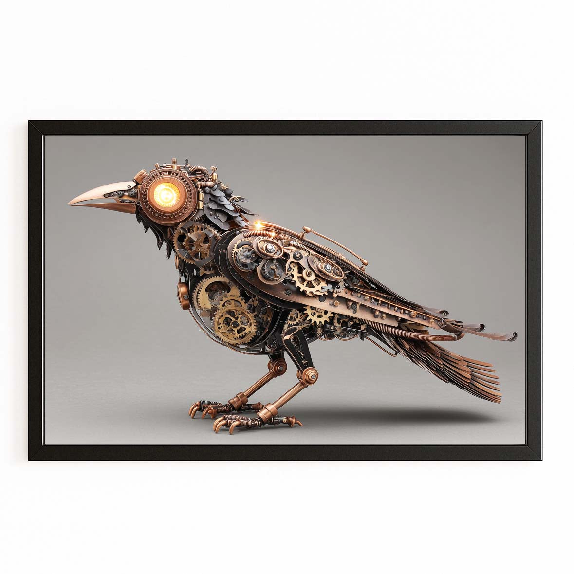 Glowing-Eye Steam Raven Steampunk Canvas Art – with Premium Black frame on white background