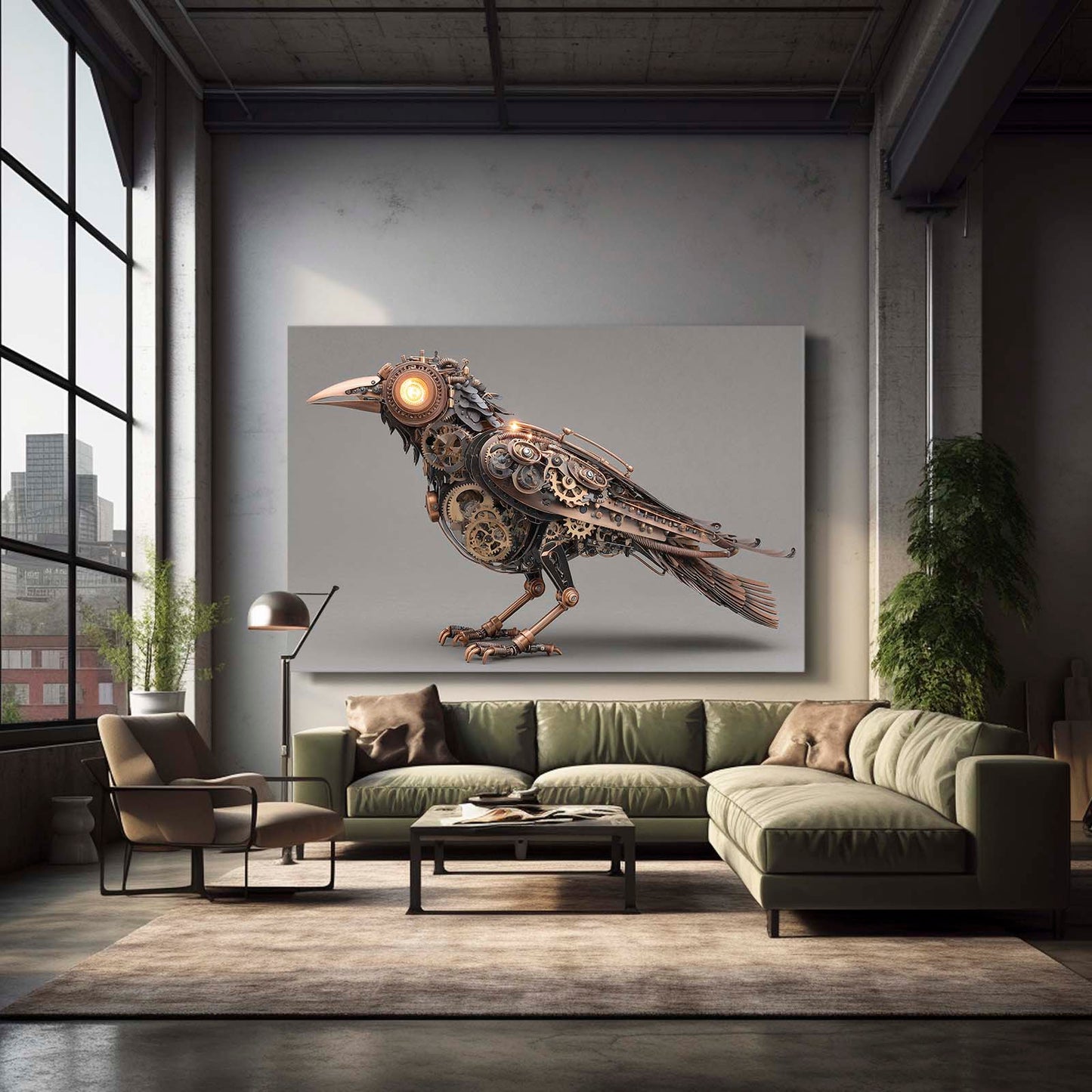 Glowing-Eye Steam Raven Steampunk Canvas Art – styled in a furnished interior