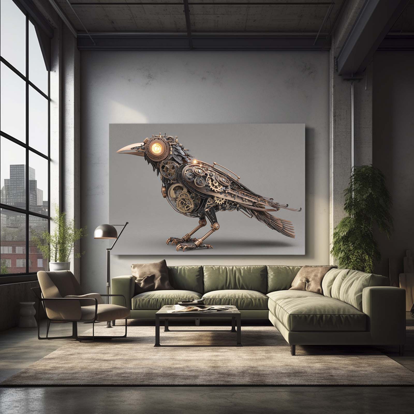 Glowing-Eye Steam Raven Steampunk Canvas Art – styled in a furnished interior