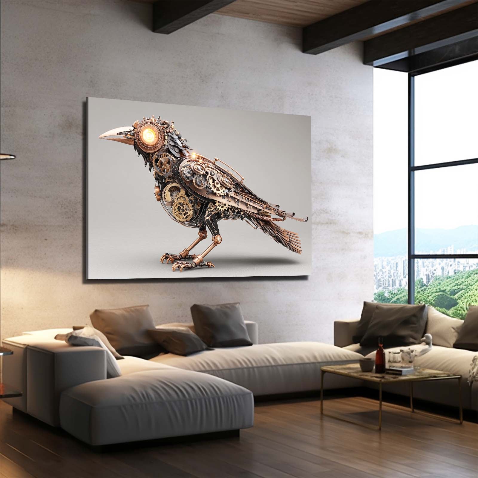 Glowing-Eye Steam Raven Steampunk Canvas Art – styled in a furnished interior
