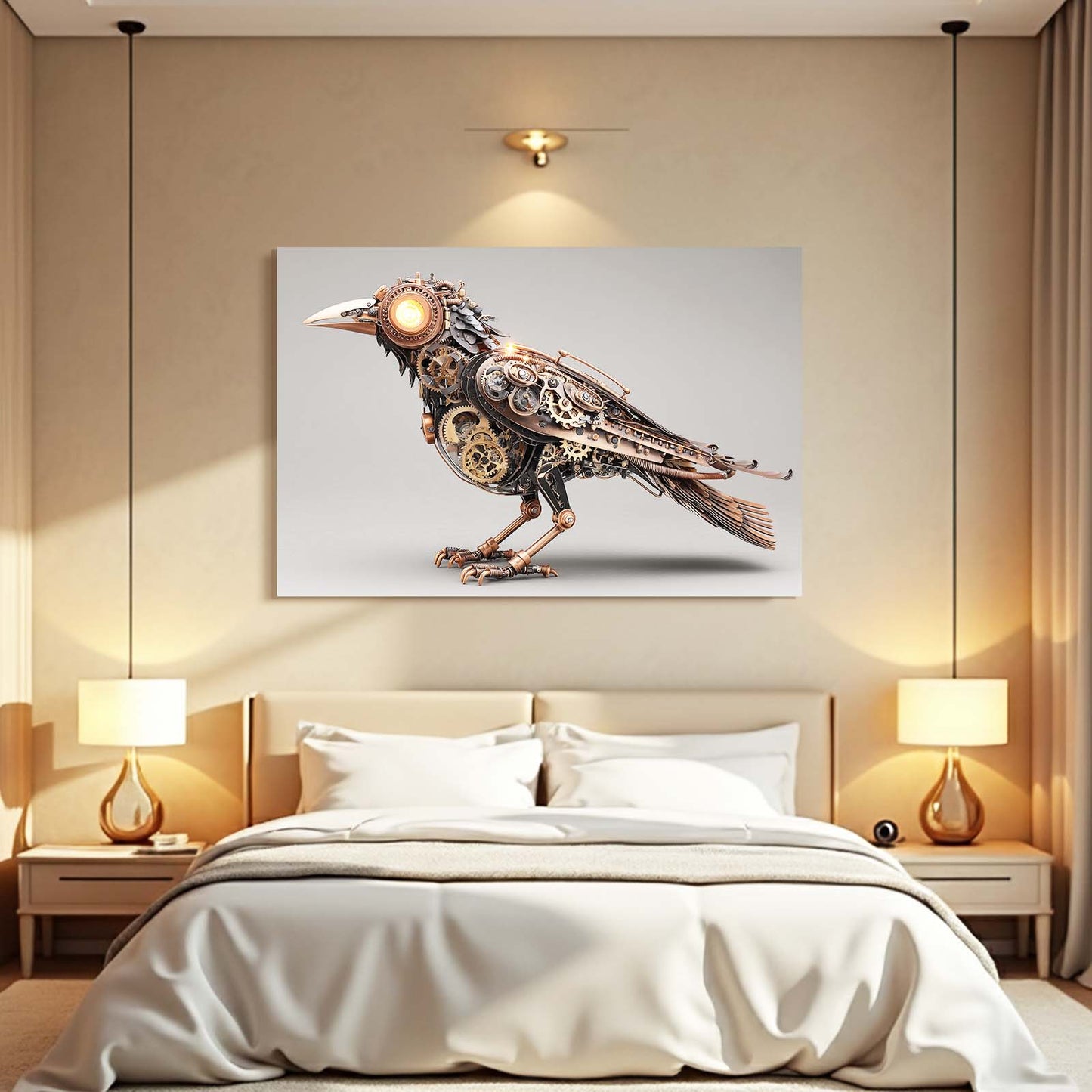 Glowing-Eye Steam Raven Steampunk Canvas Art – styled in a furnished interior