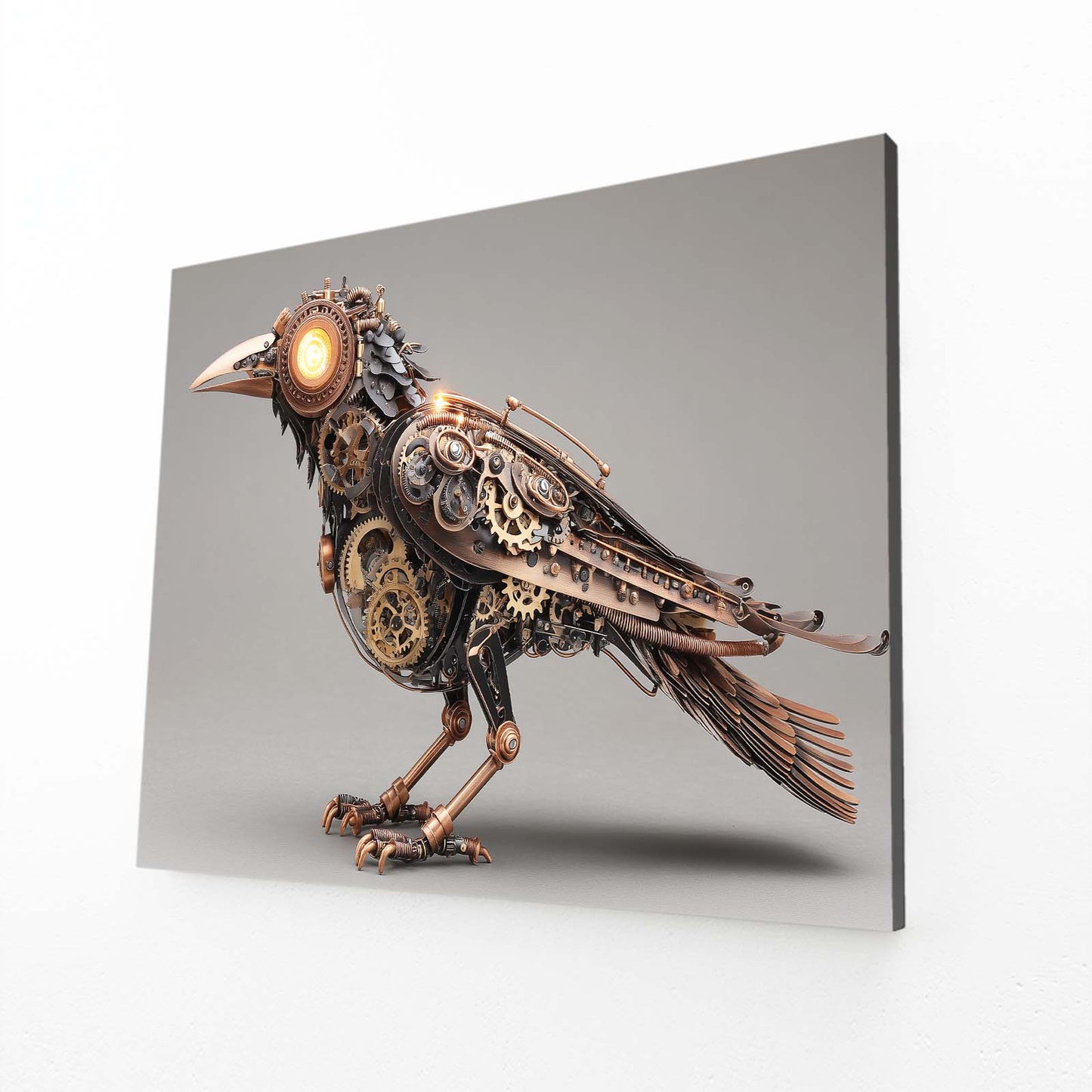 Glowing-Eye Steam Raven Steampunk Canvas Art – angled canvas view on white background