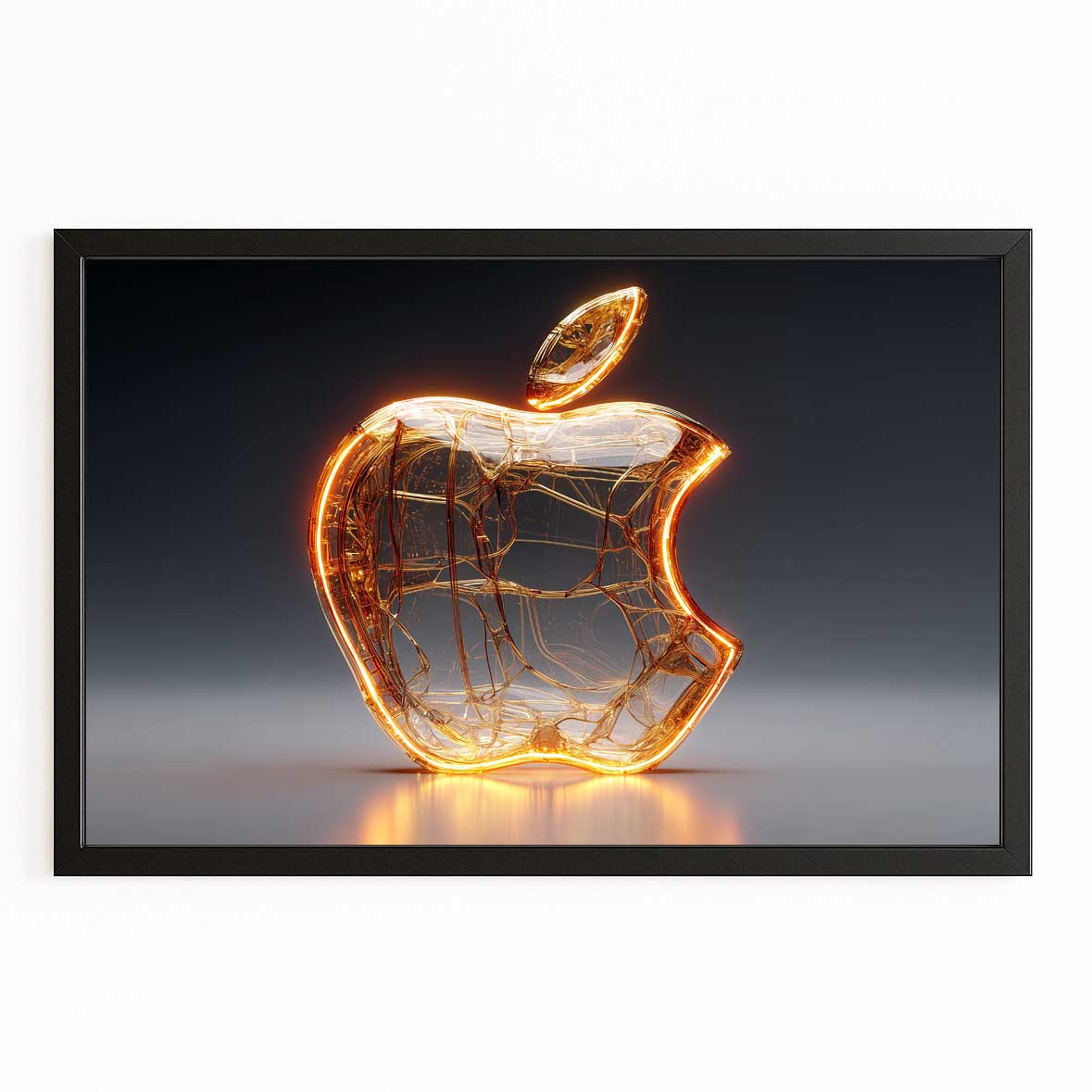 Glowing Glass Logo Apple Wall Art – with Premium Black frame on white background