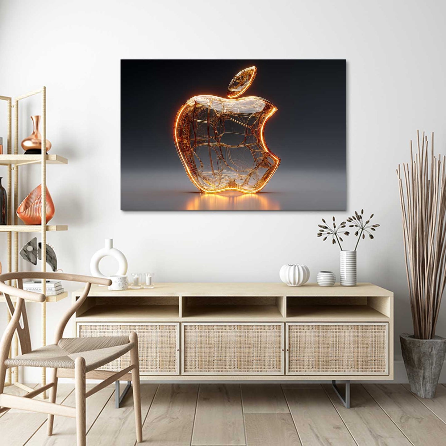 Glowing Glass Logo Apple Wall Art – styled in a furnished interior