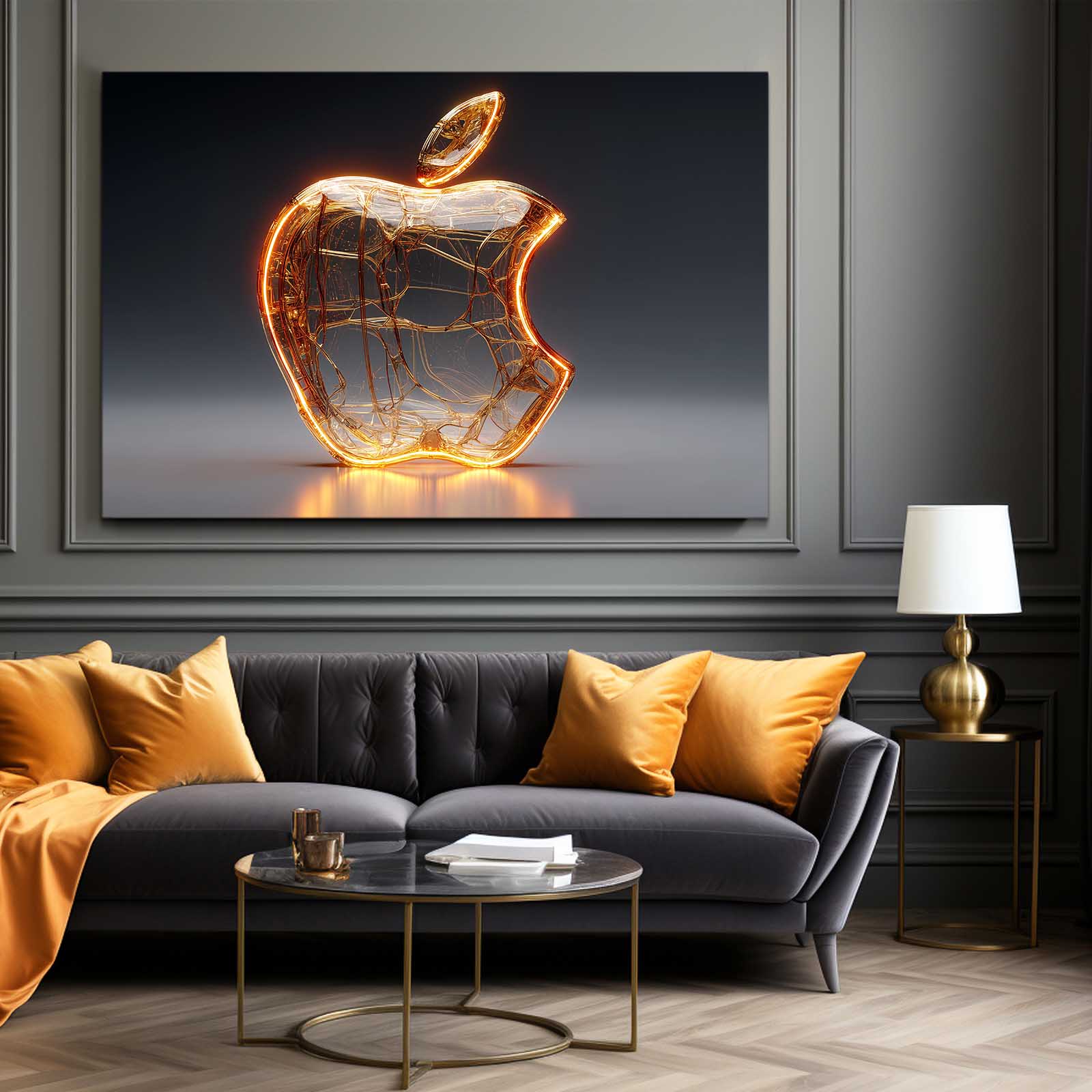 Glowing Glass Logo Apple Wall Art – styled in a furnished interior