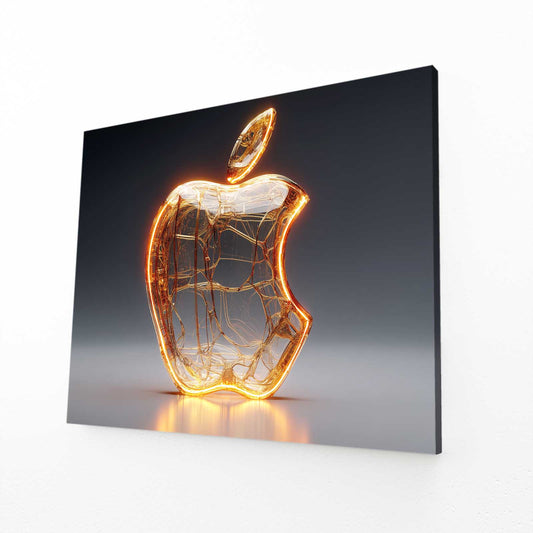 Glowing Glass Logo Apple Wall Art – angled canvas view on white background