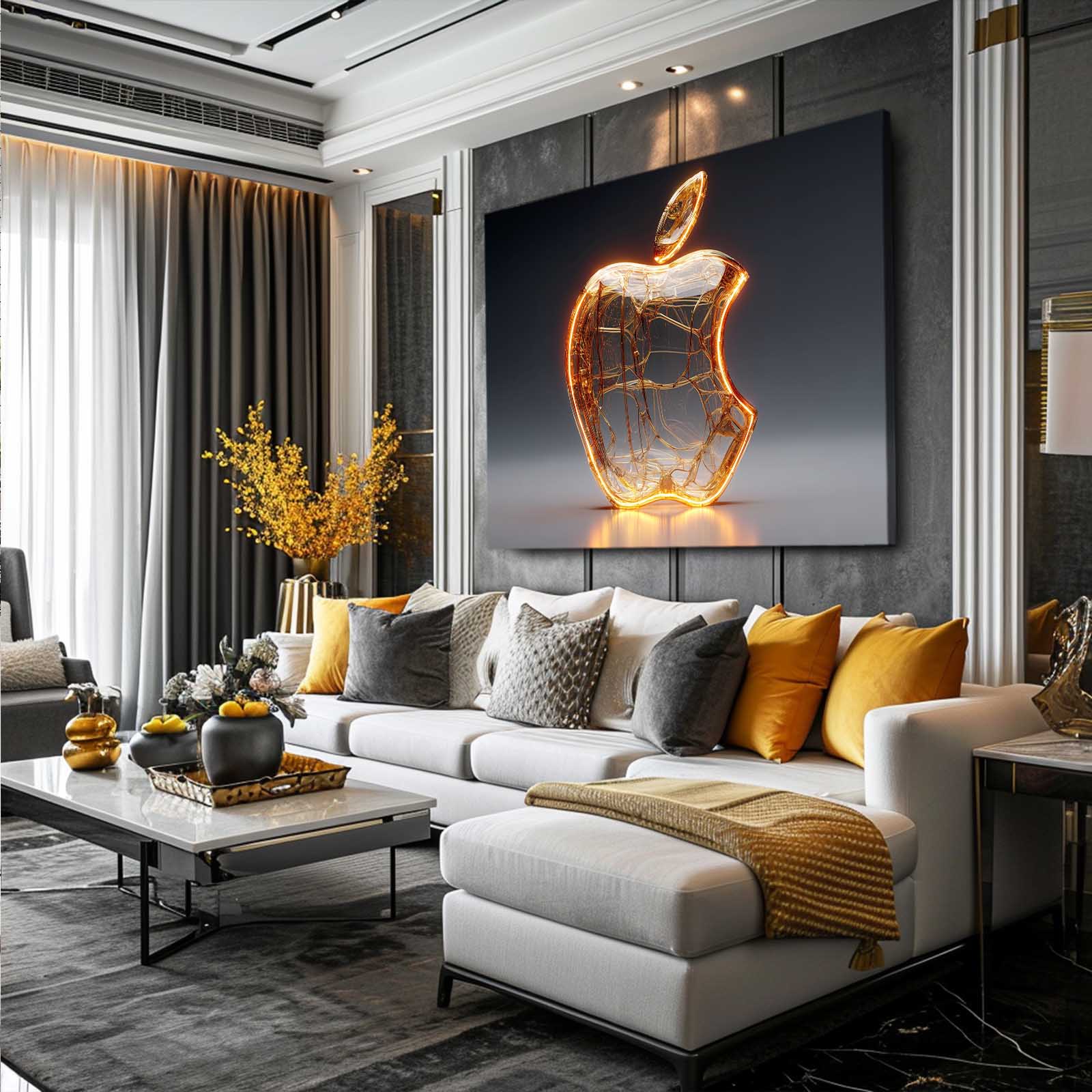 Glowing Glass Logo Apple Wall Art – styled in a furnished interior