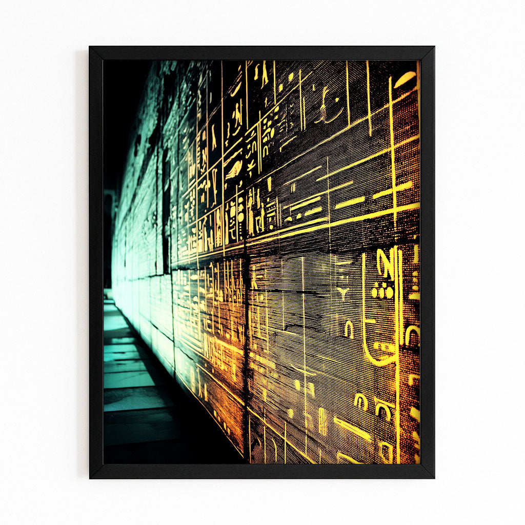 Glowing Golden Hieroglyphs Egyptian Prints – with Premium Black frame on white background