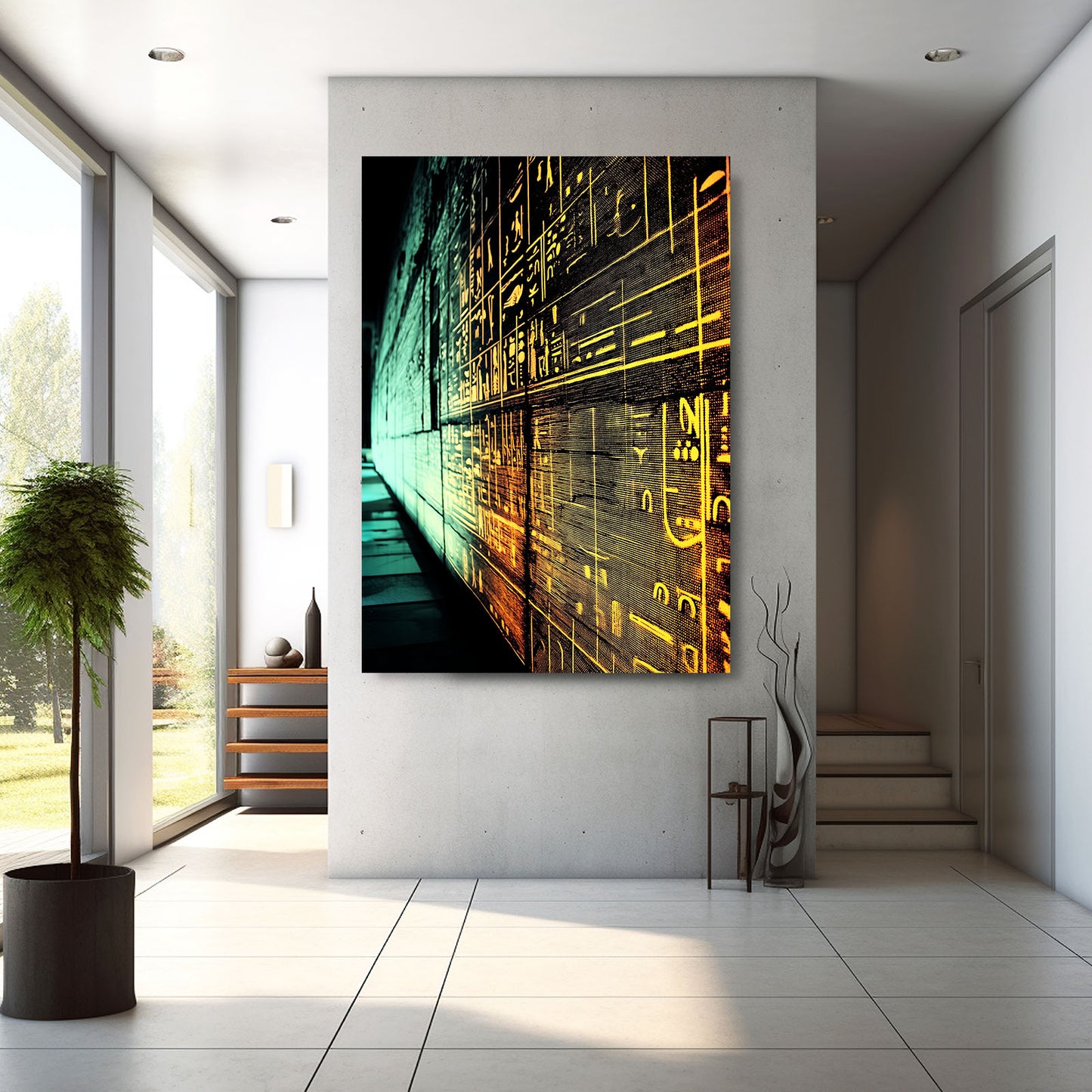 Glowing Golden Hieroglyphs Egyptian Prints – styled in a furnished interior
