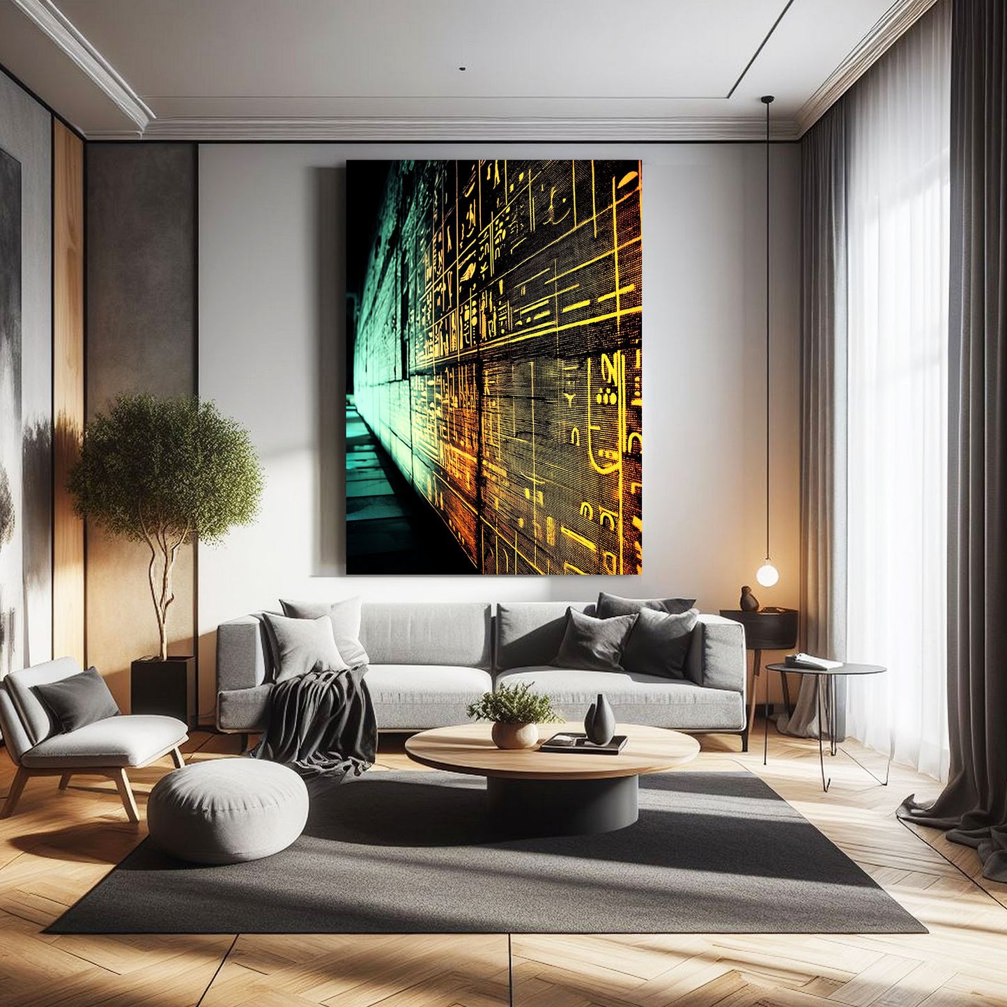 Glowing Golden Hieroglyphs Egyptian Prints – styled in a furnished interior