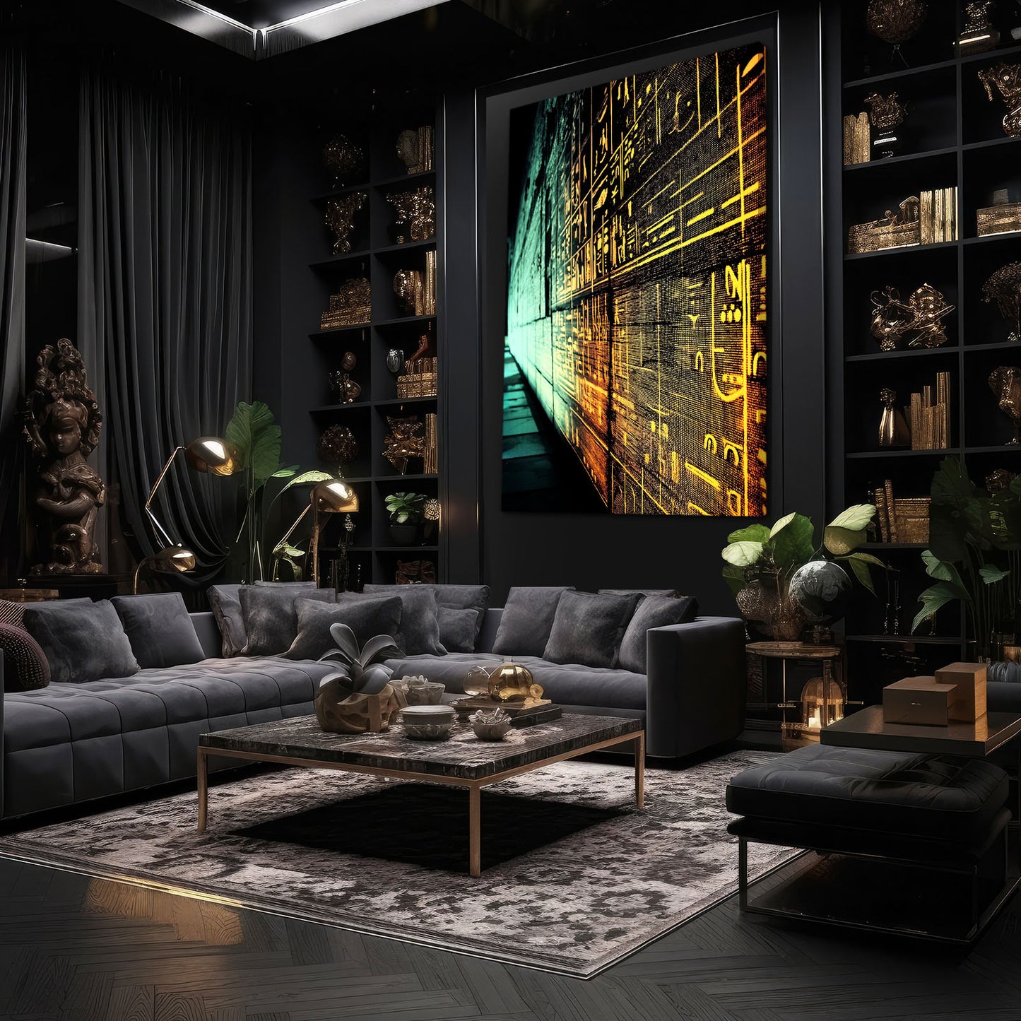 Glowing Golden Hieroglyphs Egyptian Prints – styled in a furnished interior