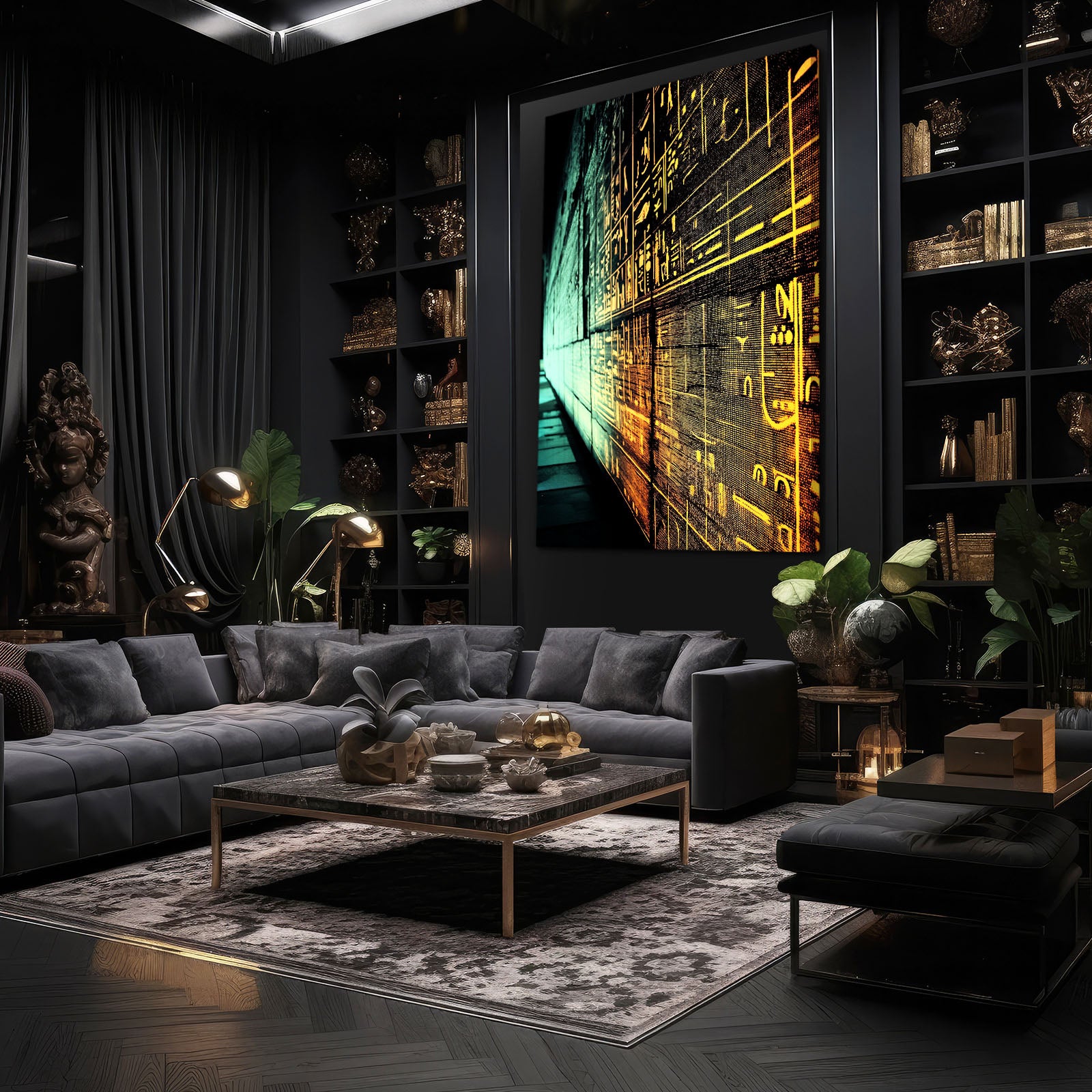 Glowing Golden Hieroglyphs Egyptian Prints – styled in a furnished interior