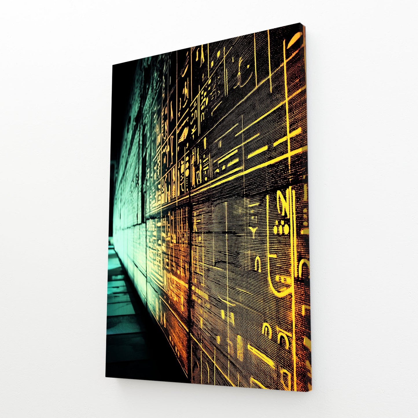 Glowing Golden Hieroglyphs Egyptian Prints – angled canvas view on white background