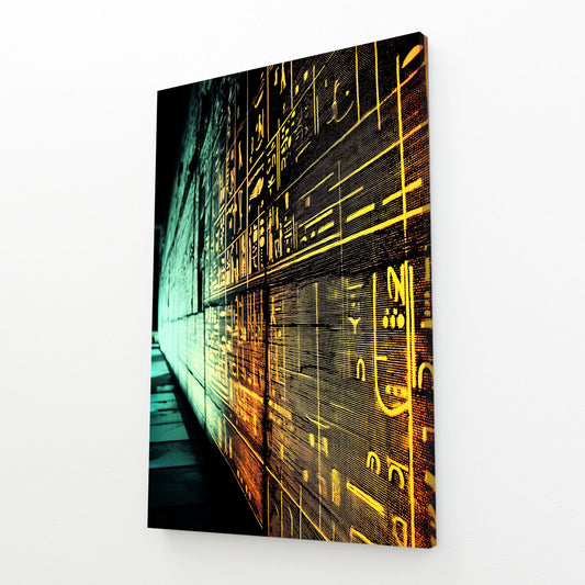 Glowing Golden Hieroglyphs Egyptian Prints – angled canvas view on white background