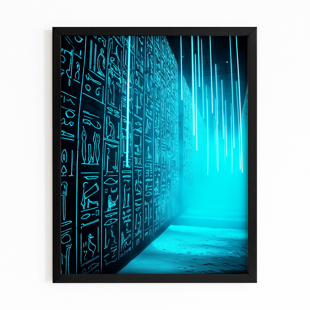Glowing Hieroglyph Corridor Egyptian Canvas Art – with Premium Black frame on white background
