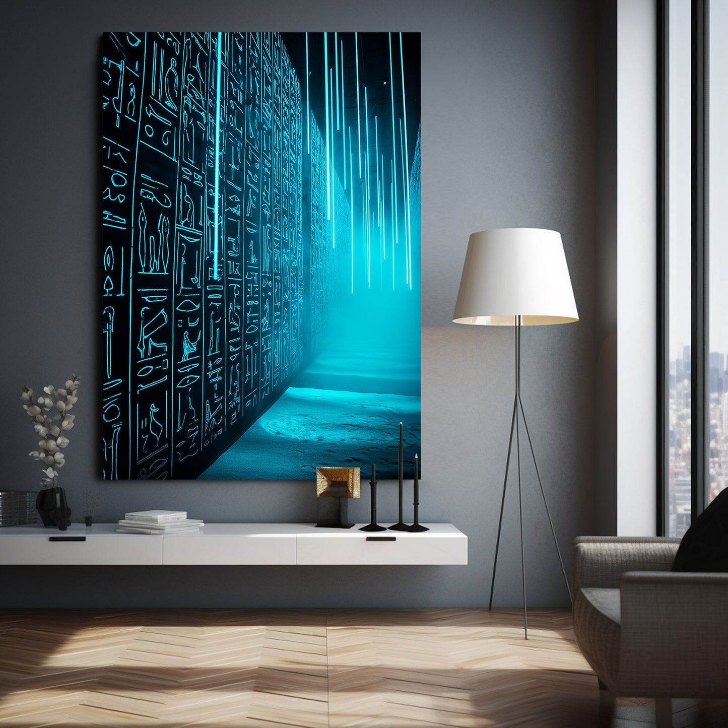 Glowing Hieroglyph Corridor Egyptian Canvas Art – styled in a furnished interior