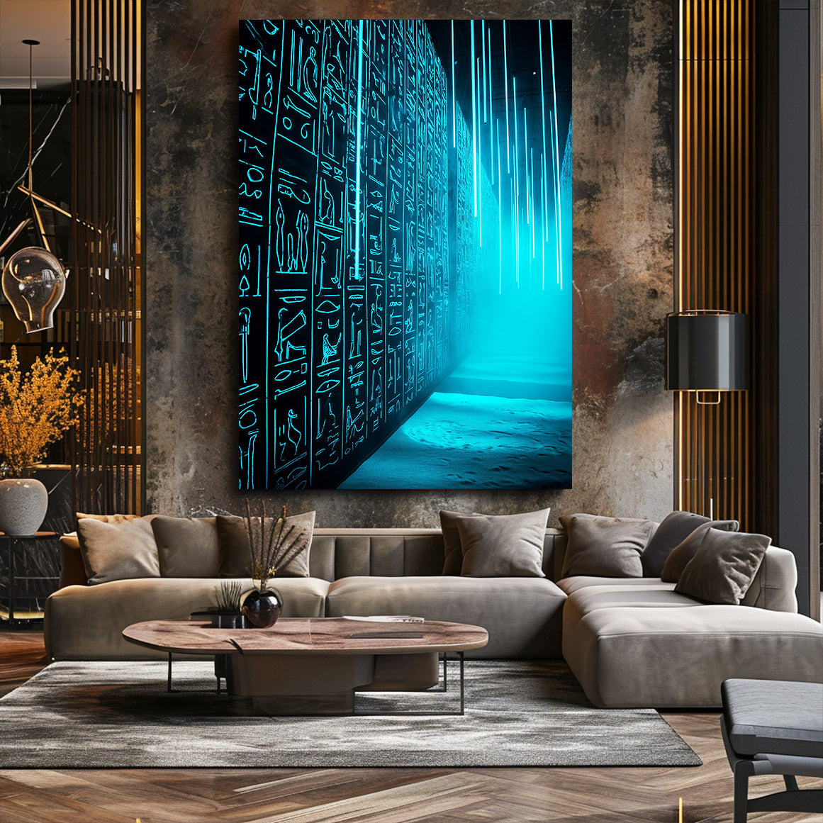 Glowing Hieroglyph Corridor Egyptian Canvas Art – styled in a furnished interior