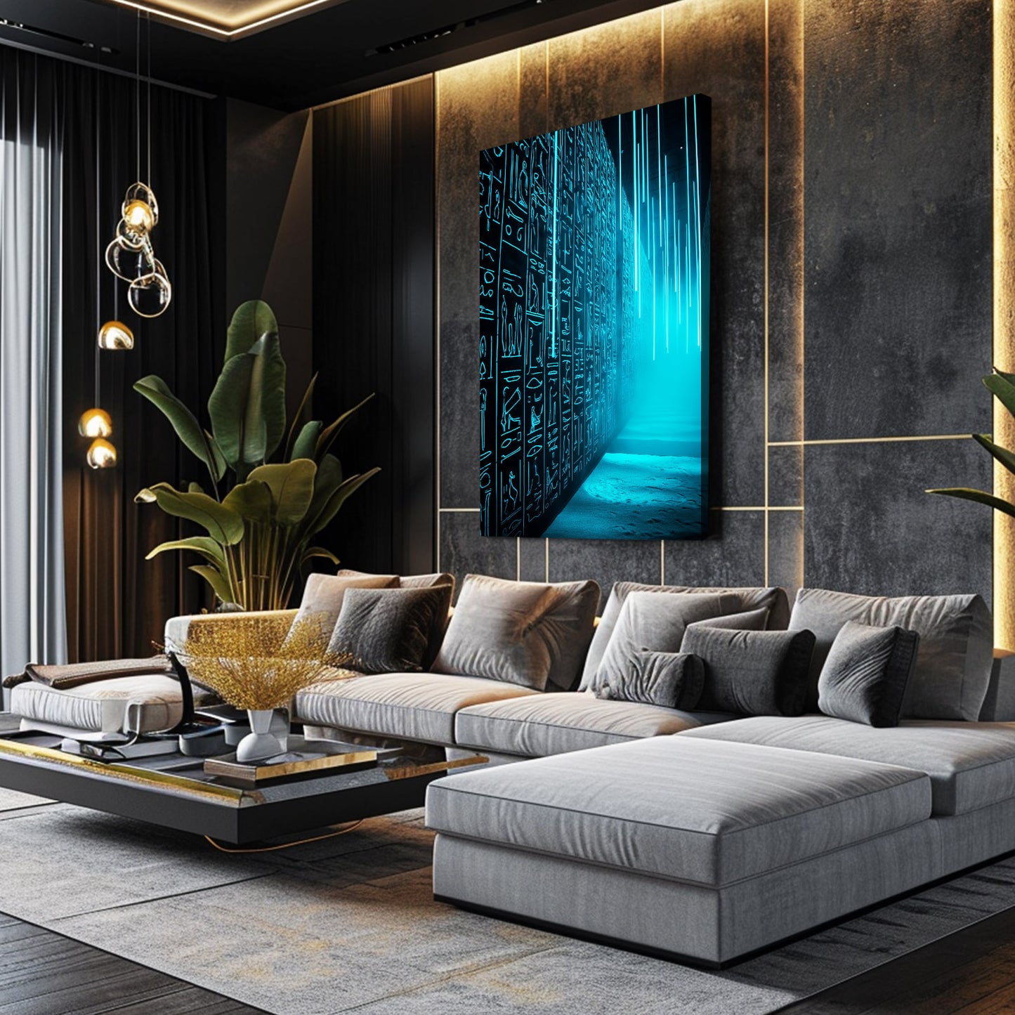 Glowing Hieroglyph Corridor Egyptian Canvas Art – styled in a furnished interior