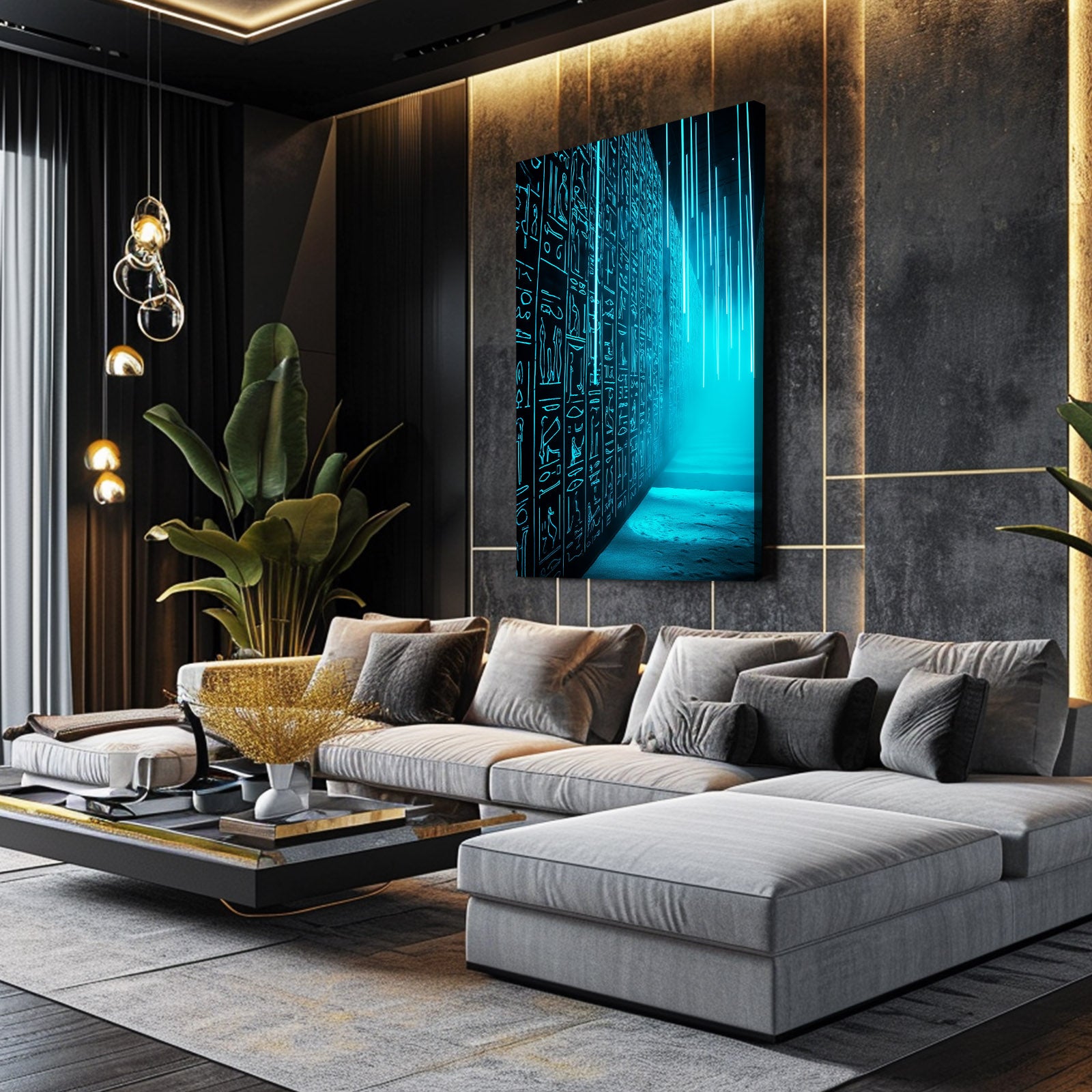 Glowing Hieroglyph Corridor Egyptian Canvas Art – styled in a furnished interior