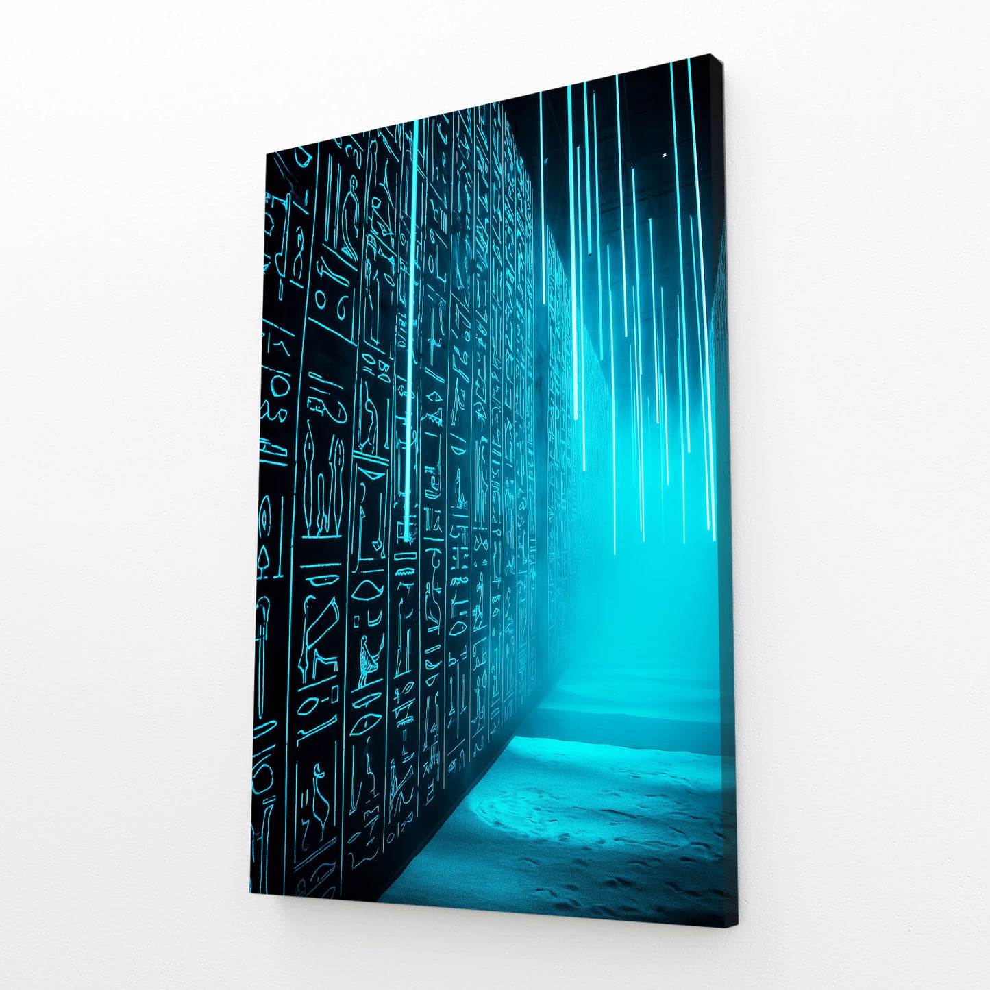 Glowing Hieroglyph Corridor Egyptian Canvas Art – angled canvas view on white background