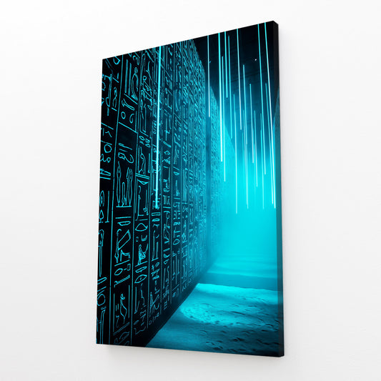 Glowing Hieroglyph Corridor Egyptian Canvas Art – angled canvas view on white background