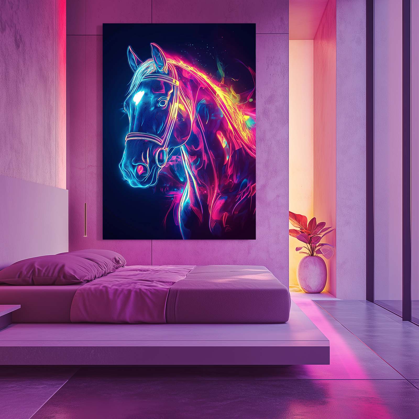 Glowing Horse Artwork – angled canvas view on white background