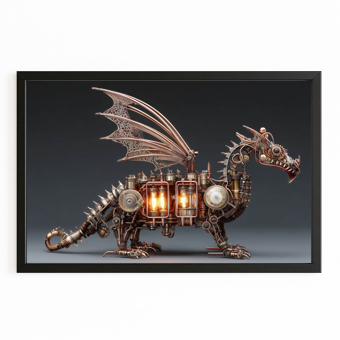 Glowing Mechanical Dragon Steampunk Prints – with Premium Black frame on white background